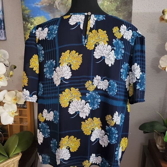 Apt 9 Puff Sleeve Floral any plaid navy blue Blouse Top XL women's plus - Picture 4 of 5